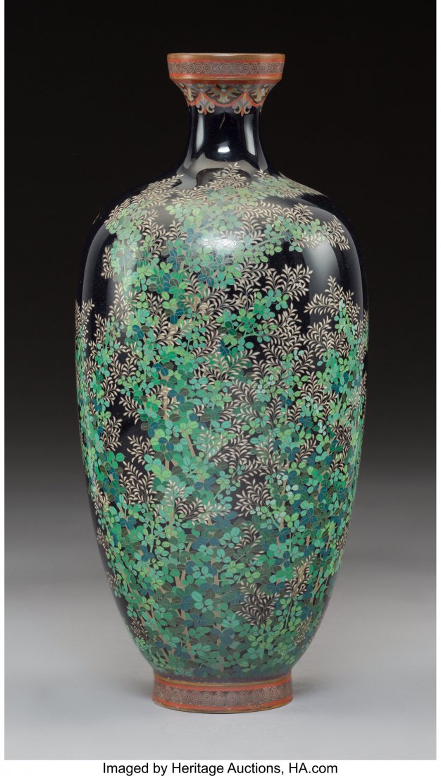 A Japanese Cloisonné Enamel Vase, Meiji P: A Japanese Cloisonné Enamel Vase, Meiji Period 10-1/4 x 4-1/2 x 4-1/2 inches (26.0 x 11.4 x 11.4 cm) Scattered pinpoint cavities to enamel on rim; very light small surface scratches on black bo