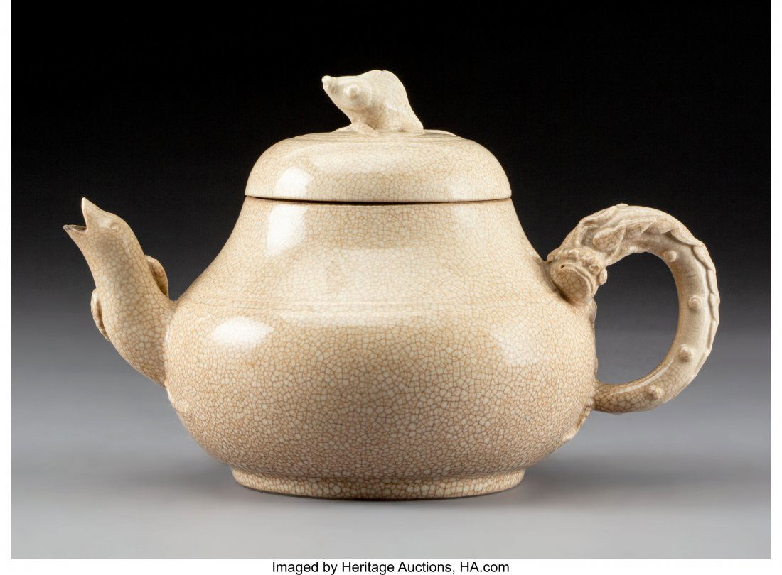 A Chinese Ge-Type Pottery Teapot with Figural Sp (1 of 3)