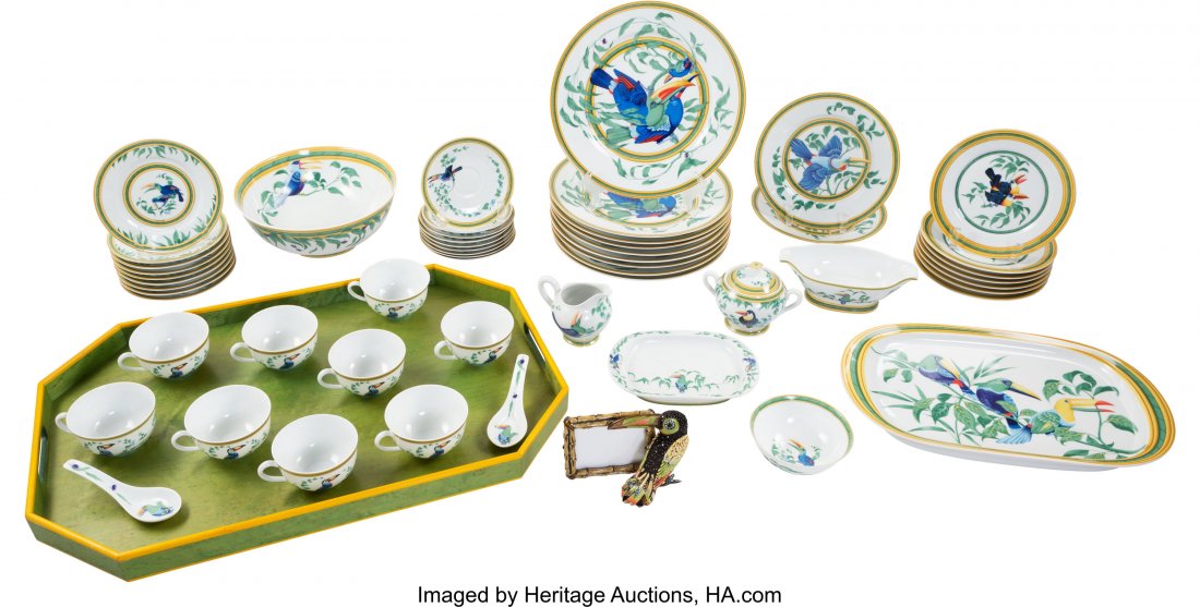 Set of 56: Hermès Toucan Porcelain Tablew: Set of 56: Hermès Toucan Porcelain Tableware Setting & Jay Strongwater Frame Circa 1980's Condition: 2 See Extended Condition Report for Sizes... This set includes: 9 Bread & Butter Pla