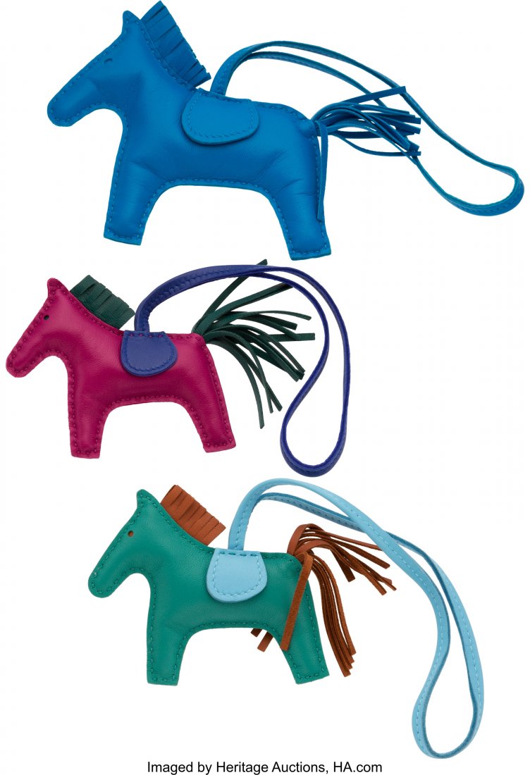 Hermès Set of Three: Rodeo Charms Conditi: Hermès Set of Three: Rodeo Charms Condition: 1 See Extended Condition Report for Sizes... This set includes: Hermès Rose Pourpre, Blue Electric & Malachite Swift Leather Rodeo TPM Ch