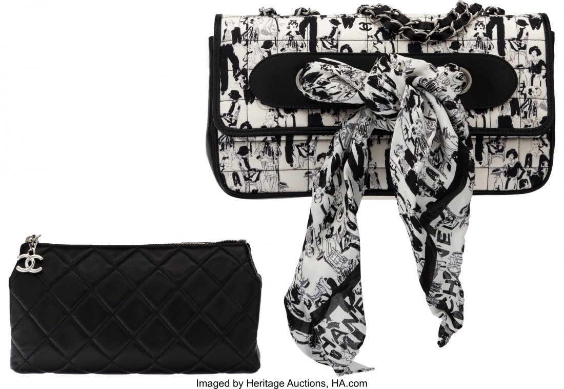 Chanel Set of Two: Black & White Coco Mademoisel: Chanel Set of Two: Black & White Coco Mademoiselle Scarf Flap Bag & Pochette Condition: 2 See Extended Condition Report for Sizes... This set includes: Chanel Black & White Coco Mademoisel