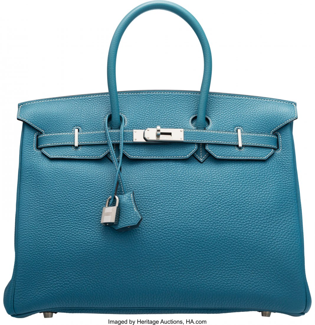 Hermès 35cm Blue Jean Togo Leather Birkin: Hermès 35cm Blue Jean Togo Leather Birkin Bag with Palladium Hardware I Square, 2005 Condition: 2 14" Width x 10" Height x 7" Depth This bag is done in Blue Jean Togo Leather with Palladium Har