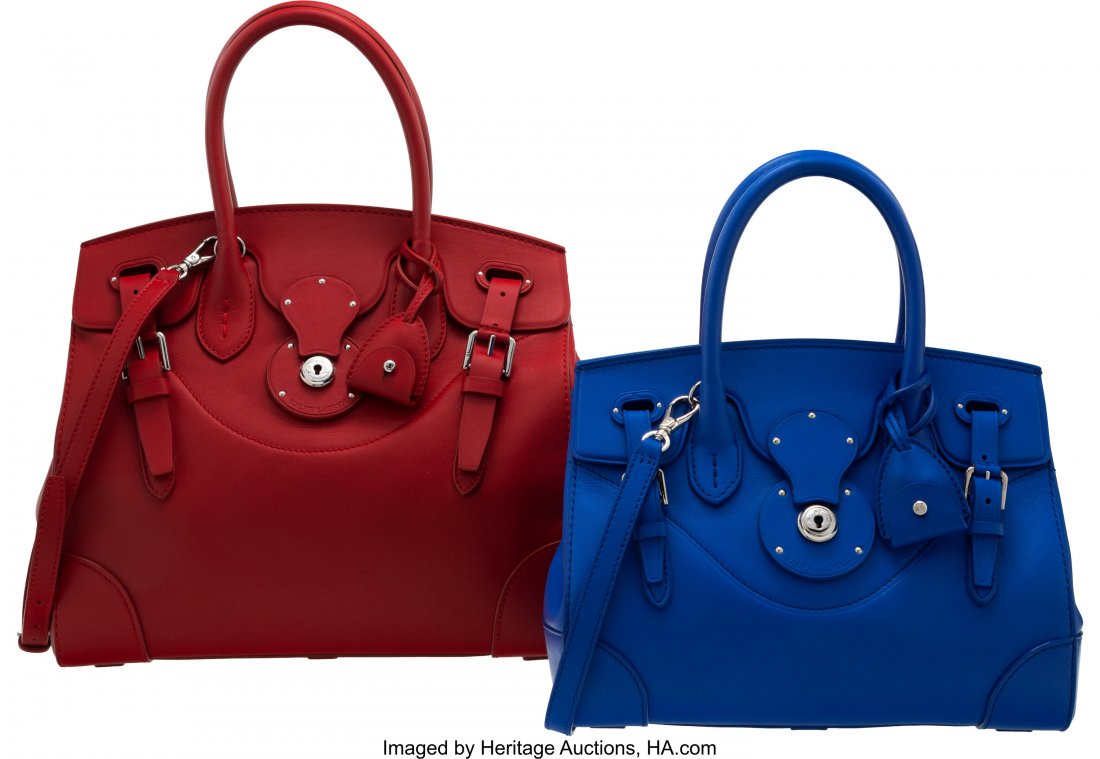 Ralph Lauren Set of Two: Red & Blue Leather Rick: Ralph Lauren Set of Two: Red & Blue Leather Ricky Bags Condition: 3 See Extended Condition Report for Sizes... This set includes: Ralph Lauren Red Nappa Leather Soft Ricky 33 Bag (12" Width x 10" 