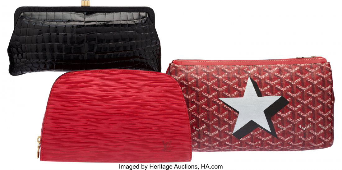 Set of Three: Goyard Cosmetic Bag, Louis Vuitton: Set of Three: Goyard Cosmetic Bag, Louis Vuitton Cosmetic Bag & Lambertson Truex Clutch Condition: 3 See Extended Condition Report for Sizes... This set includes: Goyard Red Goyardine Coated Canva
