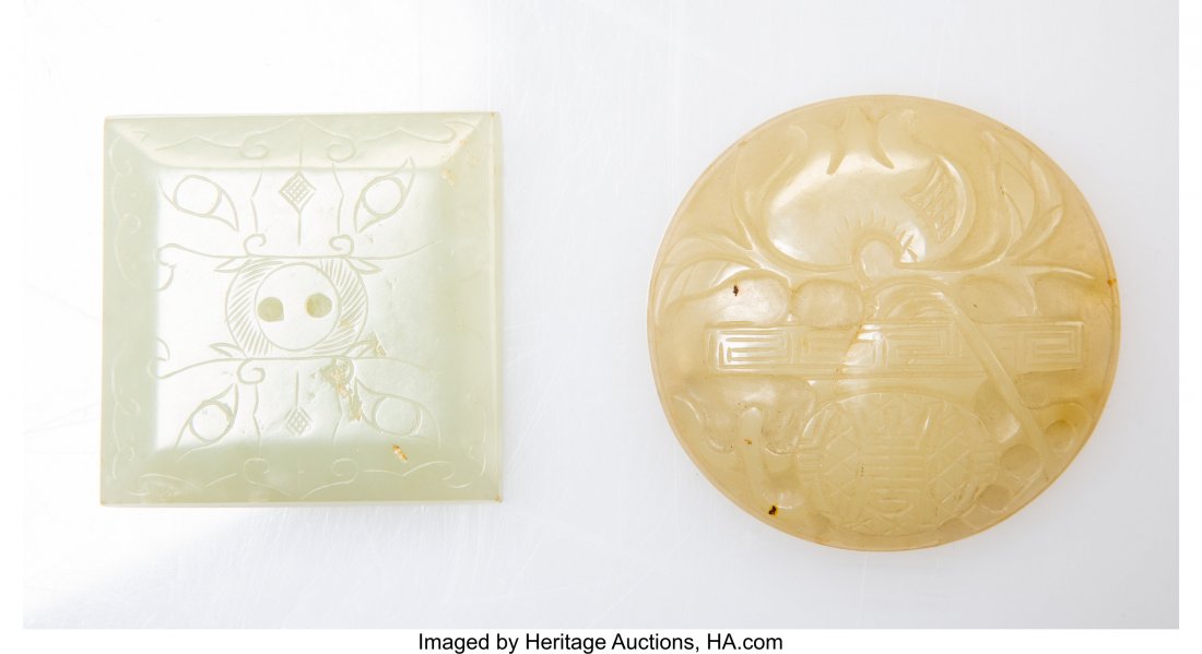 Two Chinese Carved White Jade Plaques 3/8 x 4-1/ (1 of 1)