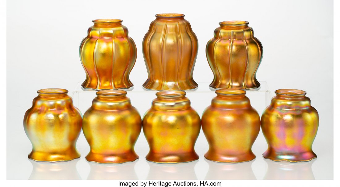 Eight Steuben Gold Aurene Glass Lamp Shades, cir (1 of 3)