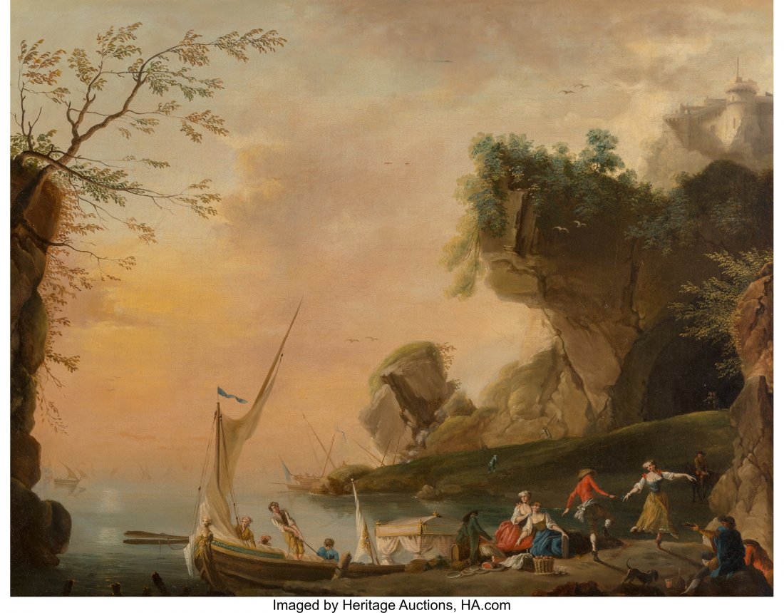 School of Charles François Lacroix (Frenc: School of Charles François Lacroix (French, 1671-1782) A Mediterranean coastal landscape with boats and figures Oil on canvas 28 x 36-1/2 inches (71.1 x 92.7 cm) PROVENANCE: Frost & Reed, L