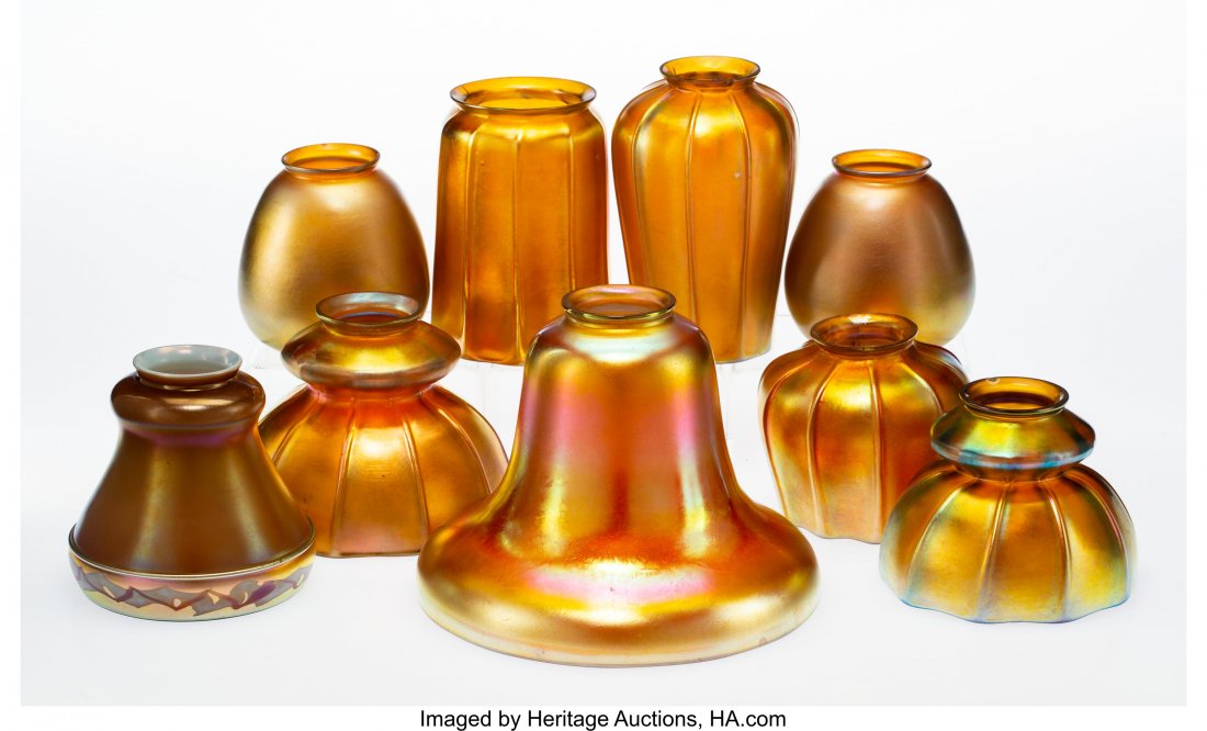 Nine Steuben Gold Aurene Glass Lamp Shades, circ (1 of 2)