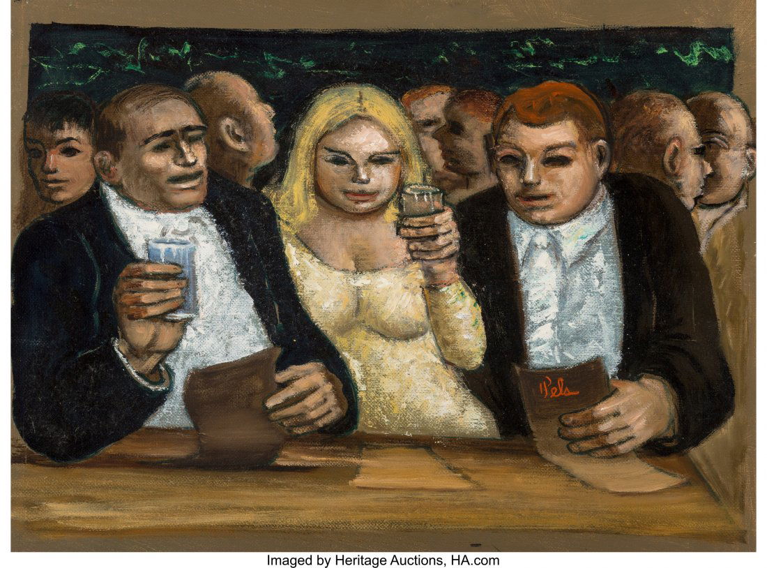 Albert Pels (American, 1910-1998) Drinks at the: Albert Pels (American, 1910-1998) Drinks at the Nightclub Oil on canvas laid on board 13-1/4 x 18 inches (33.7 x 45.7 cm) Signed lower right: Pels PROVENANCE: Private Collection, Manhassett, New York