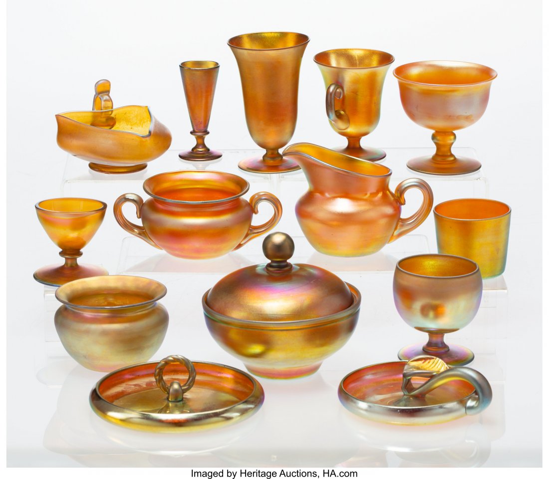 A Group of Fourteen Steuben Gold Aurene Glass Ta (1 of 1)