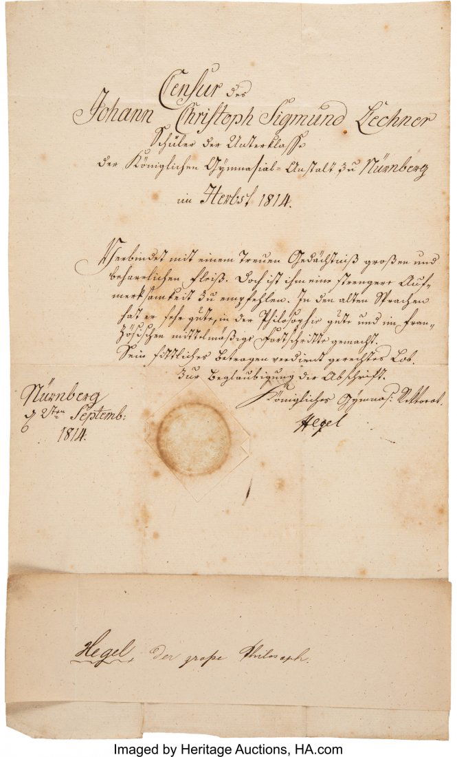 Georg Wilhelm Friedrich Hegel Manuscript Documen (1 of 1)