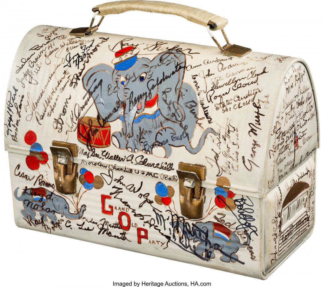 "Bev's Bucket" GOP Lunch Box Signed by President: "Bev's Bucket" GOP Lunch Box Signed by Presidents Nixon, Ford, Reagan, and Bush, Sr. A colorful, metal Thermos lunch box, 7.25" x 10" x 12.5", hand painted and decorated with seven GOP elephants and s