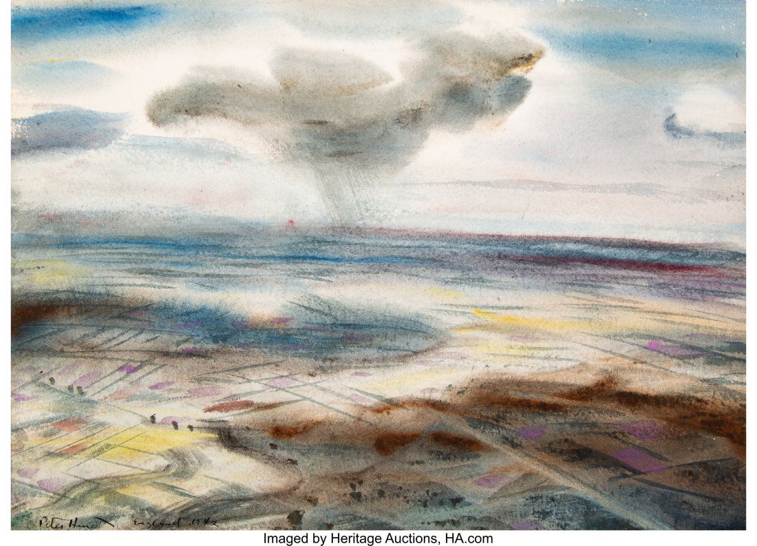 Peter Hurd (American, 1904-1984) Landscape from: Peter Hurd (American, 1904-1984) Landscape from a Flying Fortress, England, 1942 Watercolor on paper 9-3/4 x 13-1/2 inches (24.8 x 34.3 cm) (sight) Signed, dated, and inscribed lower left: Peter Hurd