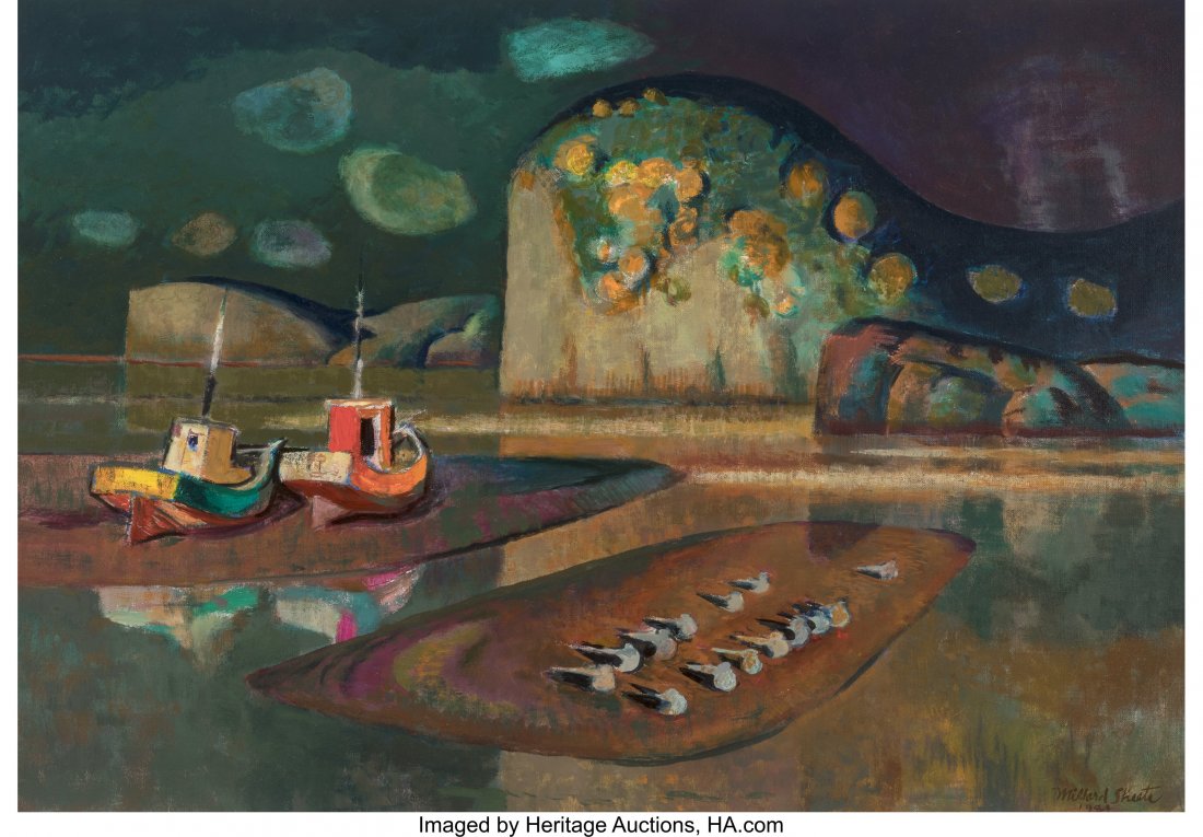 Millard Sheets (American, 1907-1989) Passing Sto: Millard Sheets (American, 1907-1989) Passing Storm, Bodega, 1984 Oil on canvas 29 x 40 inches (73.7 x 101.6 cm) Signed and dated lower right: Millard Sheets 1984 Signed, dated, and titled on the stret