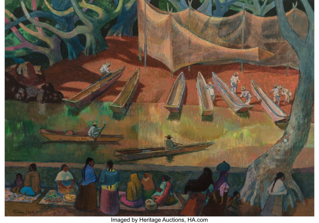 Millard Sheets (American, 1907-1989) Fishermen o: Millard Sheets (American, 1907-1989) Fishermen of Mazatlan, 1978 Mixed media on paper 28-3/4 x 39-3/4 inches (73.0 x 101.0 cm) (sheet) Signed and dated lower left: Millard Sheets 1978 Titled verso: Fi