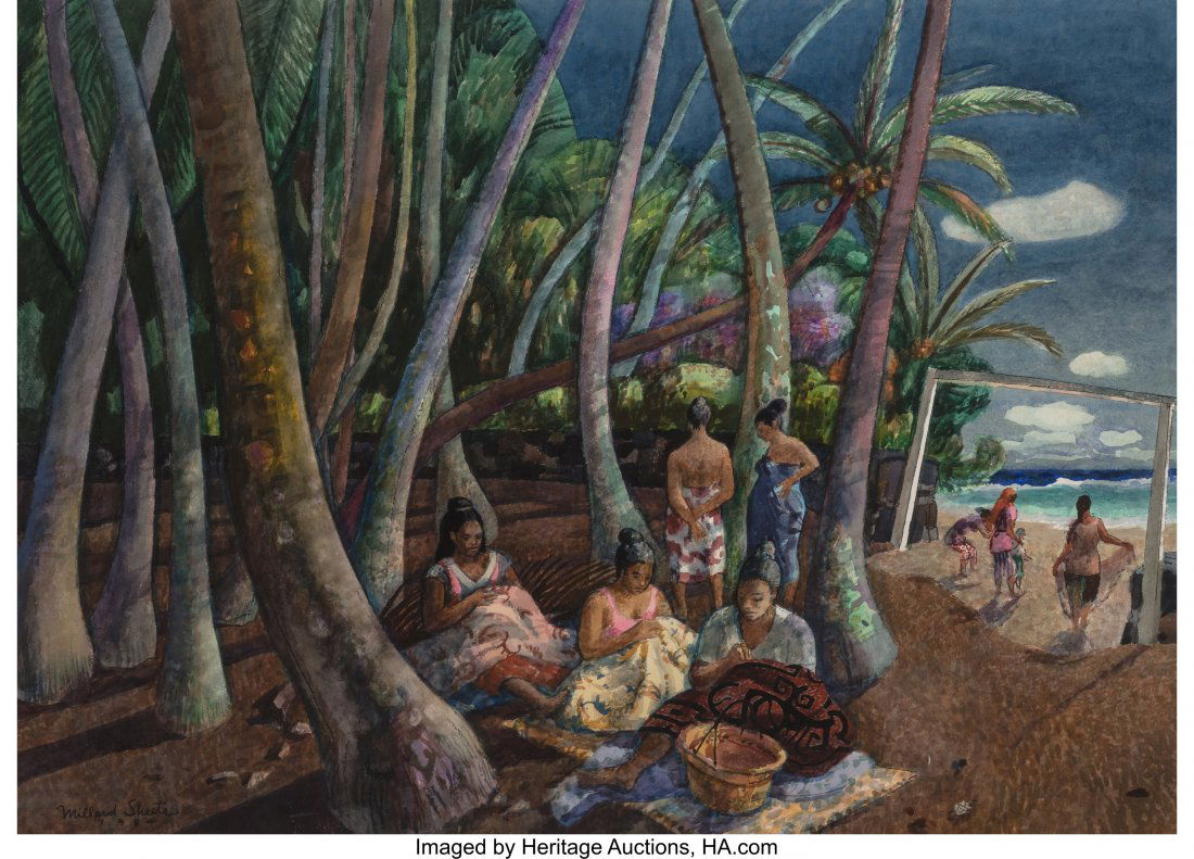 Millard Sheets (American, 1907-1989) Quilt Makin: Millard Sheets (American, 1907-1989) Quilt Making, Hawaii Mixed media on paper 29 x 40 inches (73.7 x 101.6 cm) (sheet) Signed and dated lower left: Millard Sheets 1984 Signed, dated, and titled on th