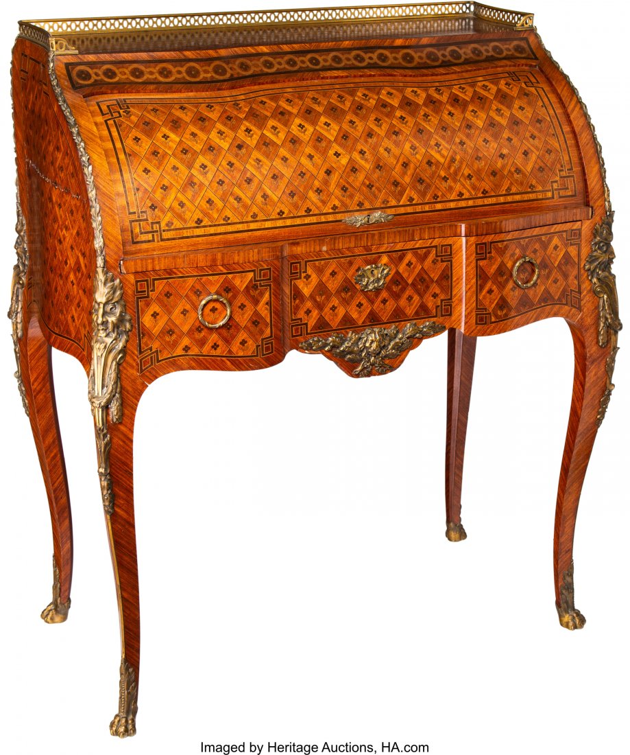 A Christian Krass Louis XV-Style Gilt Bronze Mou: A Christian Krass Louis XV-Style Gilt Bronze Mounted Parquetry Bureau á Cylindre, Lyon, France, circa 1900 Marks: Christian Krass, LYON 40 x 32 x 19 inches (101.6 x 81.3 x 48.3 cm) The gallerie