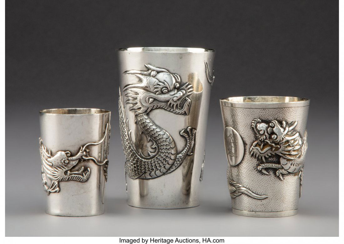 A Group of Three Chinese Export Silver Cups, lat (1 of 3)