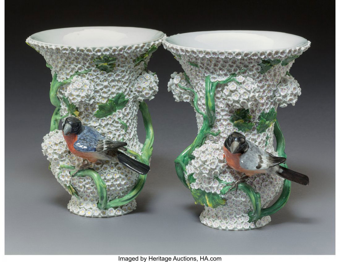 A Pair of Meissen Porcelain Schneeballen Vases w: A Pair of Meissen Porcelain Schneeballen Vases with Applied Finches, Meissen, Germany, 20th century Marks: (crossed swords in blue), 2770 8-7/8 x 6-3/4 inches (22.5 x 17.1 cm) (each) HID03101242017