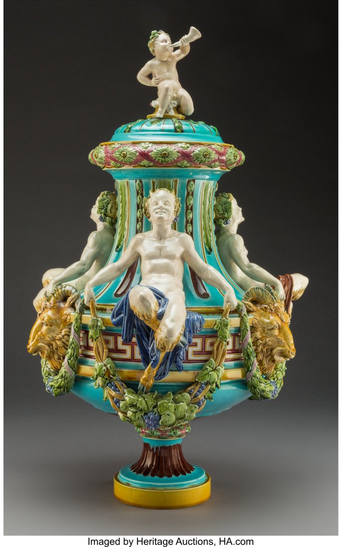 A Large Minton Majolica Figural Covered Urn, Sto (1 of 3)