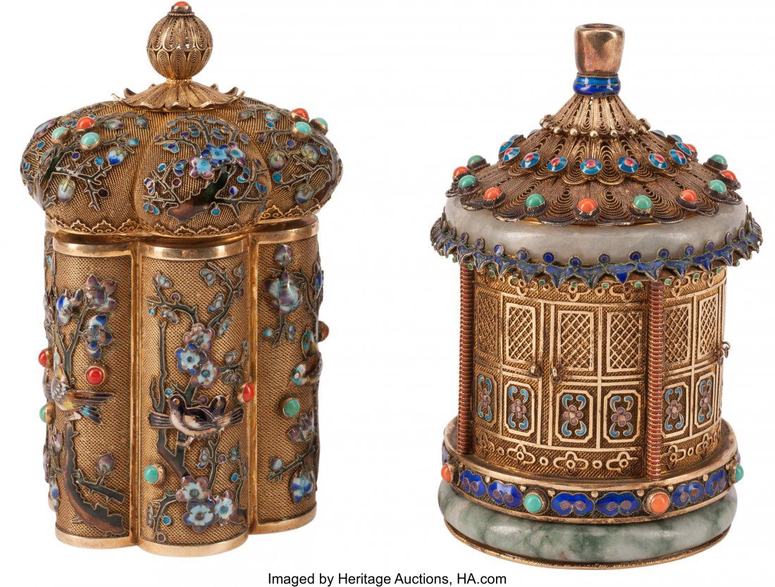 Two Chinese Silver and Jeweled Tea Caddies 5-1/2 (1 of 2)