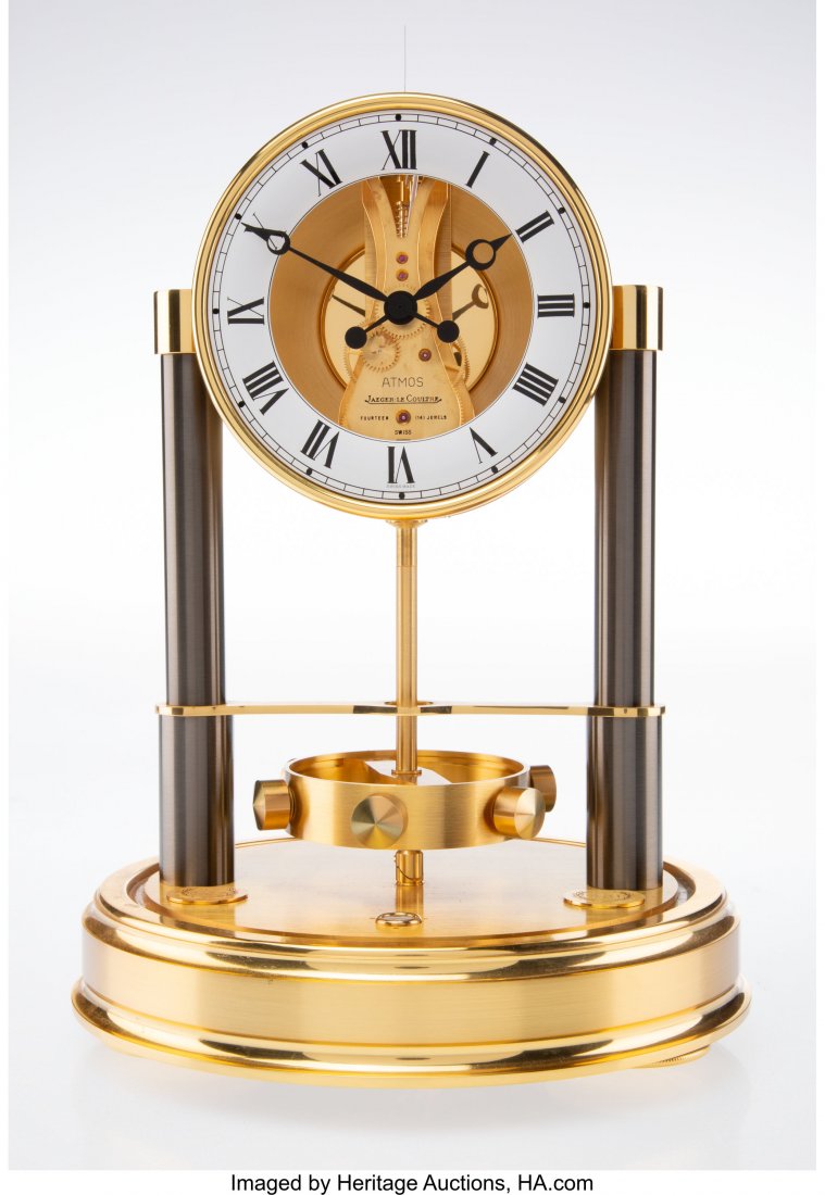 A Jaeger Le Coultre 150-Year Anniversary Fourtee: A Jaeger Le Coultre 150-Year Anniversary Fourteen-Jewel Atmos Clock, Swiss, circa 1984 Marks: 60070404 ATMOS JAEGER LE COULTRE Fourteen 14 Jewels, SWISS (540) 150 (wreath) N.A. 076 14 x 8-1/2 x 8-1/2 
