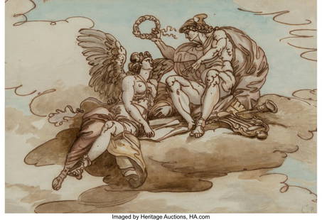 After Giuseppe Cades (Italian, 1750-1799) Mercur: After Giuseppe Cades (Italian, 1750-1799) Mercury crowning Victory and Design for a decorative device (two works) Ink on paper, each 8-3/8 x 12-1/8 inches (21.3 x 30.8 cm) (largest) Each inscribed low