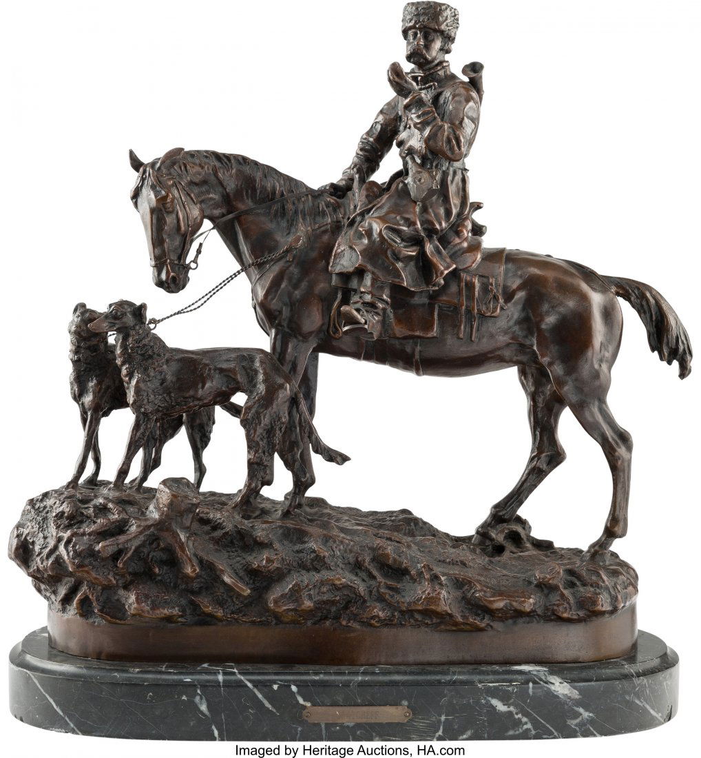 Vasily Yakovlevich Grachev (Russian 1831-1905) H: Vasily Yakovlevich Grachev (Russian 1831-1905) Hunter with Two Borzoi Bronze with brown patina 16 inches (40.6 cm) Signed in Cyrillic and stamped with Woerffel Foundry mark HID03101242017