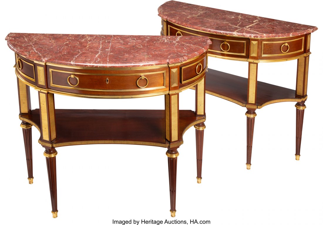 A Pair of English Regency-Style Gilt Bronze Moun: A Pair of English Regency-Style Gilt Bronze Mounted Mahogany Console Tables, early 20th century 34-1/2 x 40 x 17 inches (87.6 x 101.6 x 43.2 cm) PROPERTY TO BE SOLD TO BENEFIT ONE COMMUNITY, DALLAS PR