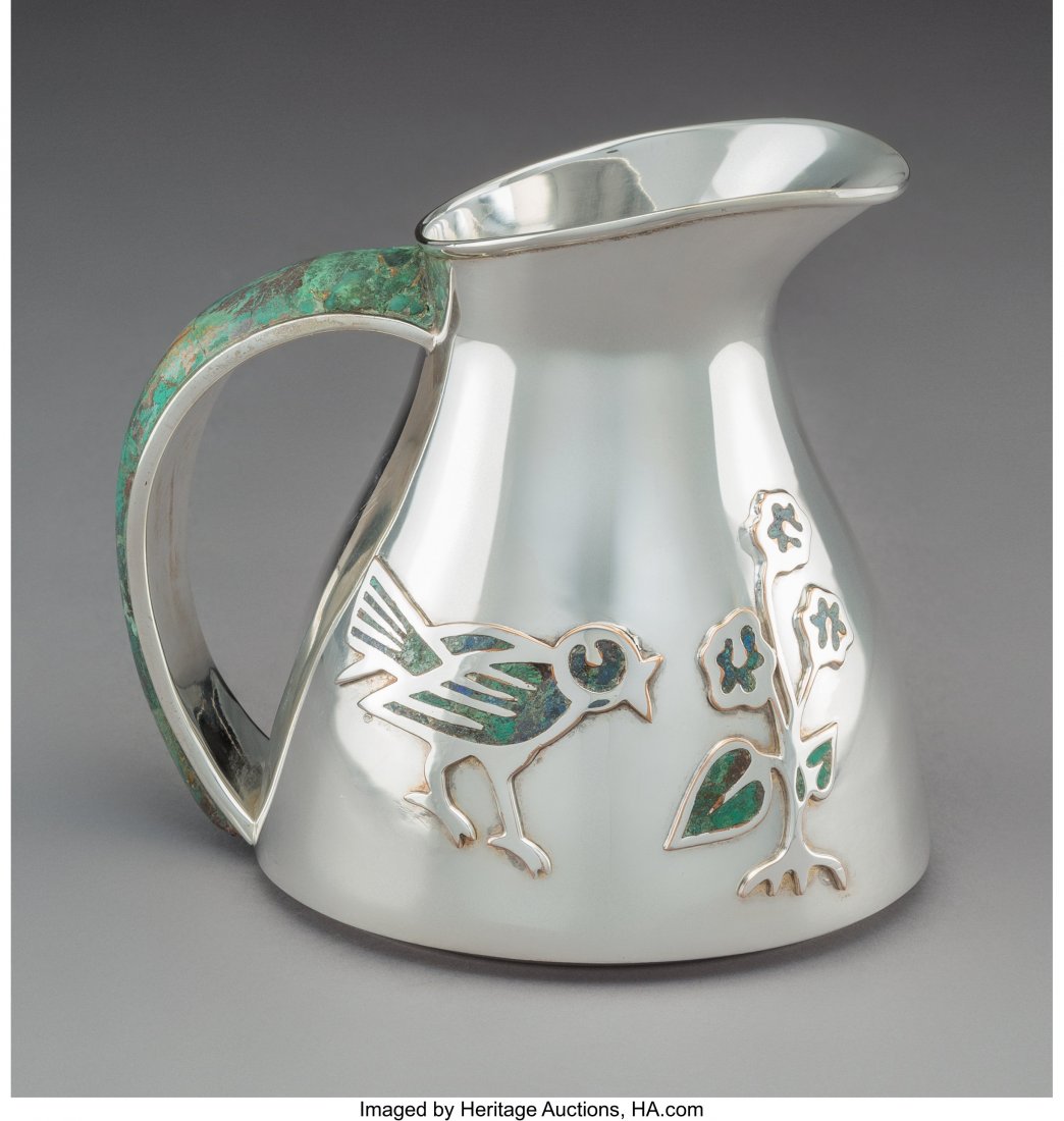 A Los Castillo Hardstone-Mounted and Inlaid Silv: A Los Castillo Hardstone-Mounted and Inlaid Silver-Plated Pitcher, Taxco, Mexico, mid-20th century Marks: PLATEADO, TA-01, LOS CASTILLO TAXCO, HECHO EN MEXICO, 206 5-1/4 x 5-3/4 x 4-3/4 inches (13.3 x