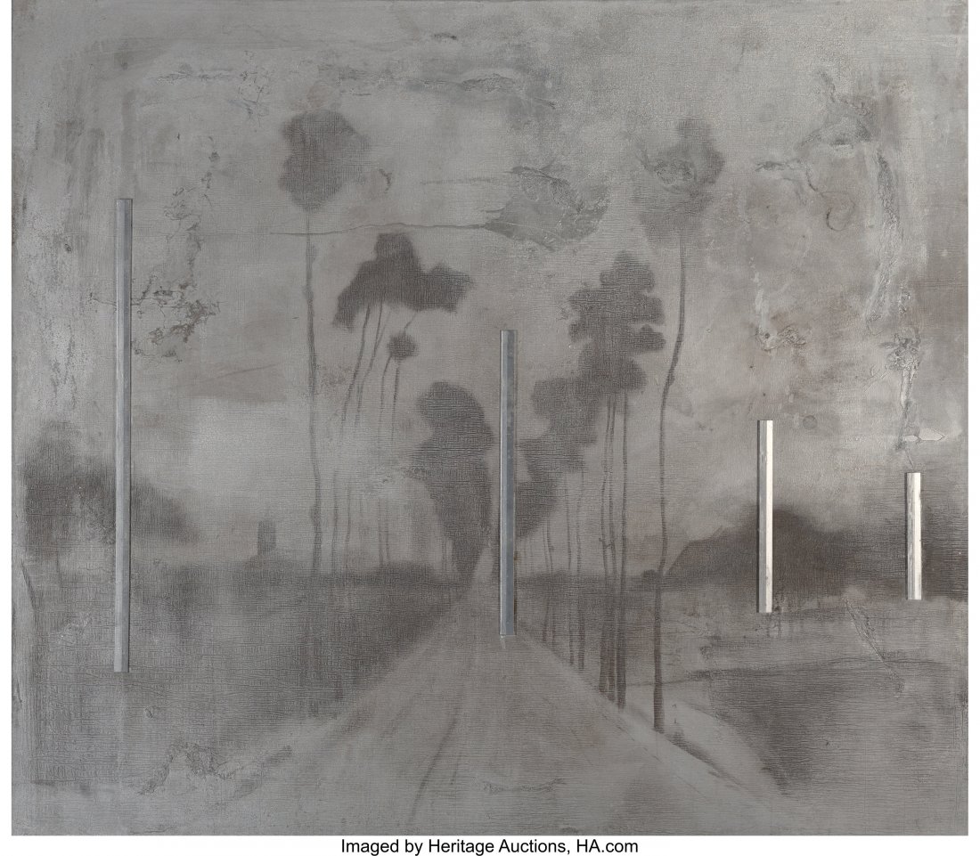 Daniel Senise (b. 1955) Hobbema, 1998 Acrylic, l: Daniel Senise (b. 1955) Hobbema, 1998 Acrylic, lacquer, polyurethane, and voile on canvas 81 x 71 inches (205.7 x 180.3 cm) Signed, titled, dated, and inscribed on the reverse: DS-554-98 / Daniel Seni