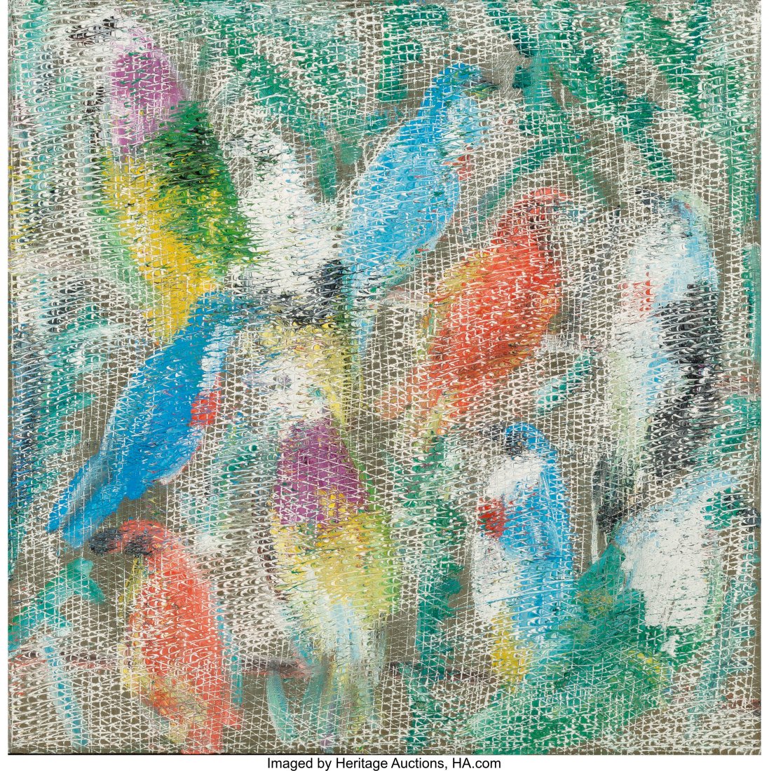 Hunt Slonem (b. 1951) Fruit Doves, 2013 Oil on c: Hunt Slonem (b. 1951) Fruit Doves, 2013 Oil on canvas 29-1/2 x 29-1/2 inches (74.9 x 74.9 cm) Signed, titled, and dated on the reverse: Hunt Slonem / 2012 / Fruit Doves PROPERTY OF A LADY, MONTAUK, NE