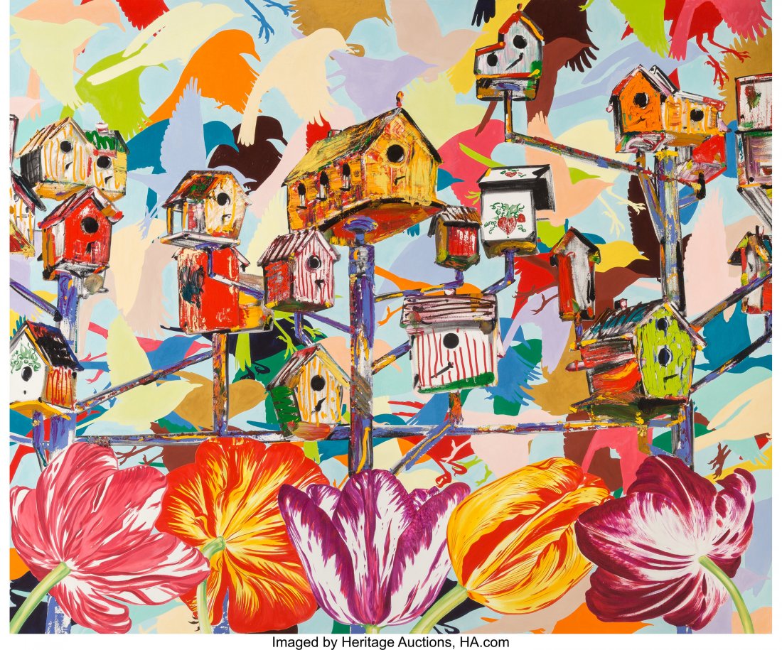 John Newsom (b. 1971) Mid-day Migrations, 2002 O: John Newsom (b. 1971) Mid-day Migrations, 2002 Oil on canvas 80 x 96 inches (203.2 x 243.8 cm) Signed, dated, and titled on the reverse: John Newson / 2002 / Mid-day Migration PROVENANCE: Mike Weiss G