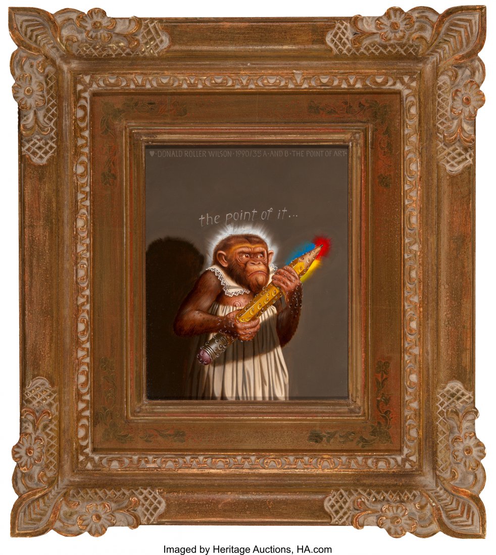 Donald Roller Wilson (b. 1938) The Point of It..: Donald Roller Wilson (b. 1938) The Point of It... and.. The Butt of It... (diptych), 1990 Oil on canvas 9-1/2 x 7-1/2 inches (24.1 x 19.1 cm) (each) Signed, titled, dated, and inscribed upper center: