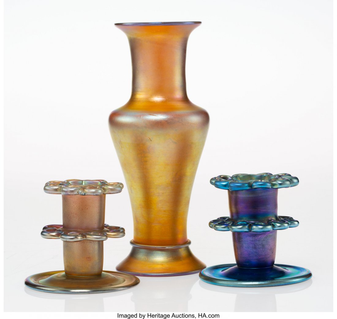 Three Tiffany Studios Favrile Glass Table Articl: Three Tiffany Studios Favrile Glass Table Articles, circa 1915 Marks: L.C. Tiffany, Favrile, (various) 9-3/4 x 3-1/2 inches (24.8 x 8.9 cm) A COLLECTION OF STEUBEN AND TIFFANY GLASS FROM A MIDWESTERN 