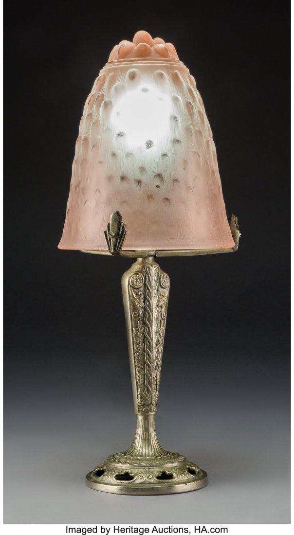 Muller Freres Frosted Pink Glass Shade on a Silv: Muller Freres Frosted Pink Glass Shade on a Silvered Metal Boudoir Lamp Base, circa 1930 Marks: Muller Freres Luneville 15-1/2 inches (39.4 cm) (lamp) HID03101242017