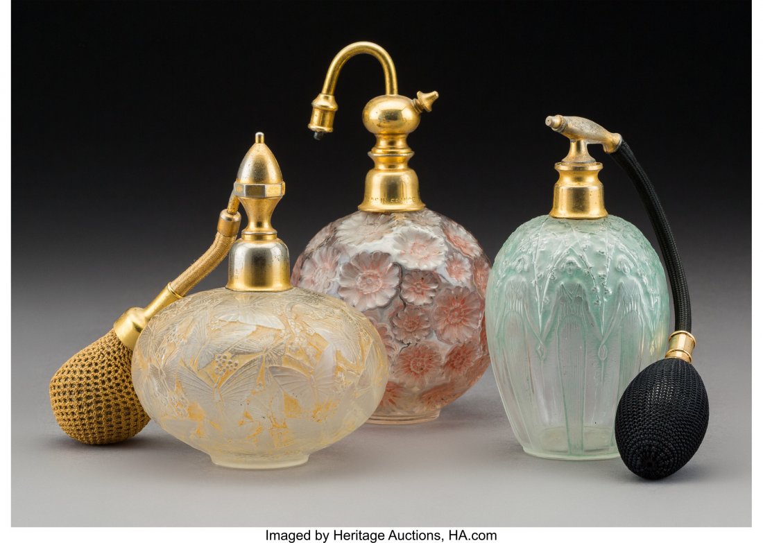 Three R. Lalique Glass Perfume Atomizers, circa : Three R. Lalique Glass Perfume Atomizers, circa 1923-25 Marks to Papillons: R. LALIQUE, MADE IN FRANCE, FIZZ Bte. SGDG 4-1/2 inches (11.5 cm) (tallest). M. p. 962. no. MARCEL FRANK-1 & 2; M. p. 96