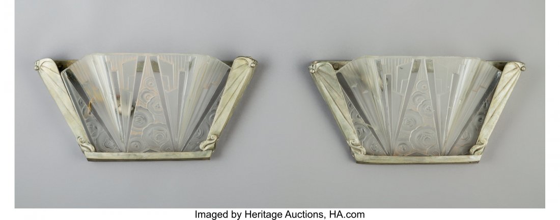 Two Hettier and Vincent Art Deco Clear and Frost: Two Hettier and Vincent Art Deco Clear and Frosted Glass Sconces, circa 1925 Marks: HETTIER & VINCENT, MADE IN FRANCE 7-1/2 x 14-1/8 inches (19.1 x 35.9 cm) HID03101242017