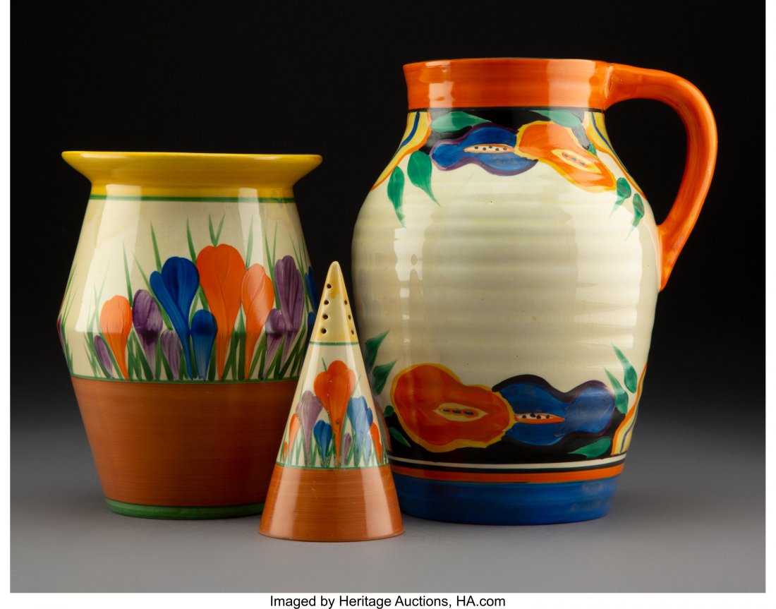 Three Clarice Cliff Glazed and Enameled Earthenw: Three Clarice Cliff Glazed and Enameled Earthenware Table Articles, circa 1930 Marks to pitcher: (Lawley's retail stamp), HAND PAINTED, Fantasque by Clarice Cliff, WILKINSON LTD ENGLAND., iSiS 9-3/4 i