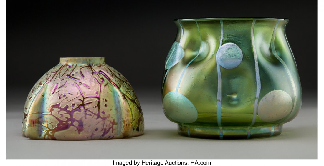 Two Loetz Glass Vases, circa 1900 3-3/4 inches (: Two Loetz Glass Vases, circa 1900 3-3/4 inches (9.5 cm) (larger) PROPERTY FROM THE ESTATE OF JANET ZIFFER The larger Crete Streifen und Flecken decor. HID03101242017