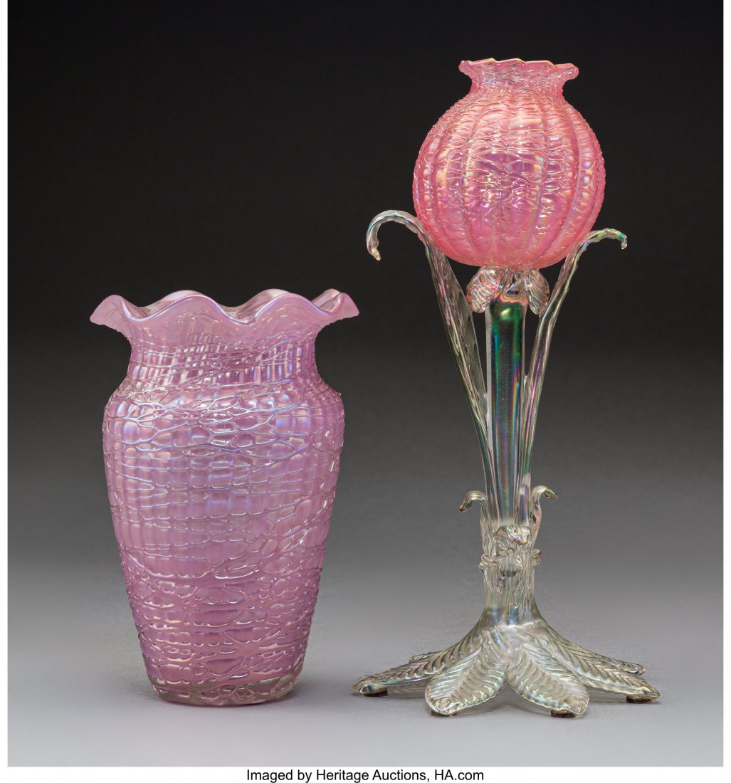 Two Loetz Pink Chiné Genre Glass Vases, c: Two Loetz Pink Chiné Genre Glass Vases, circa 1897 10-1/2 inches (26.7 cm) (tallest) HID03101242017