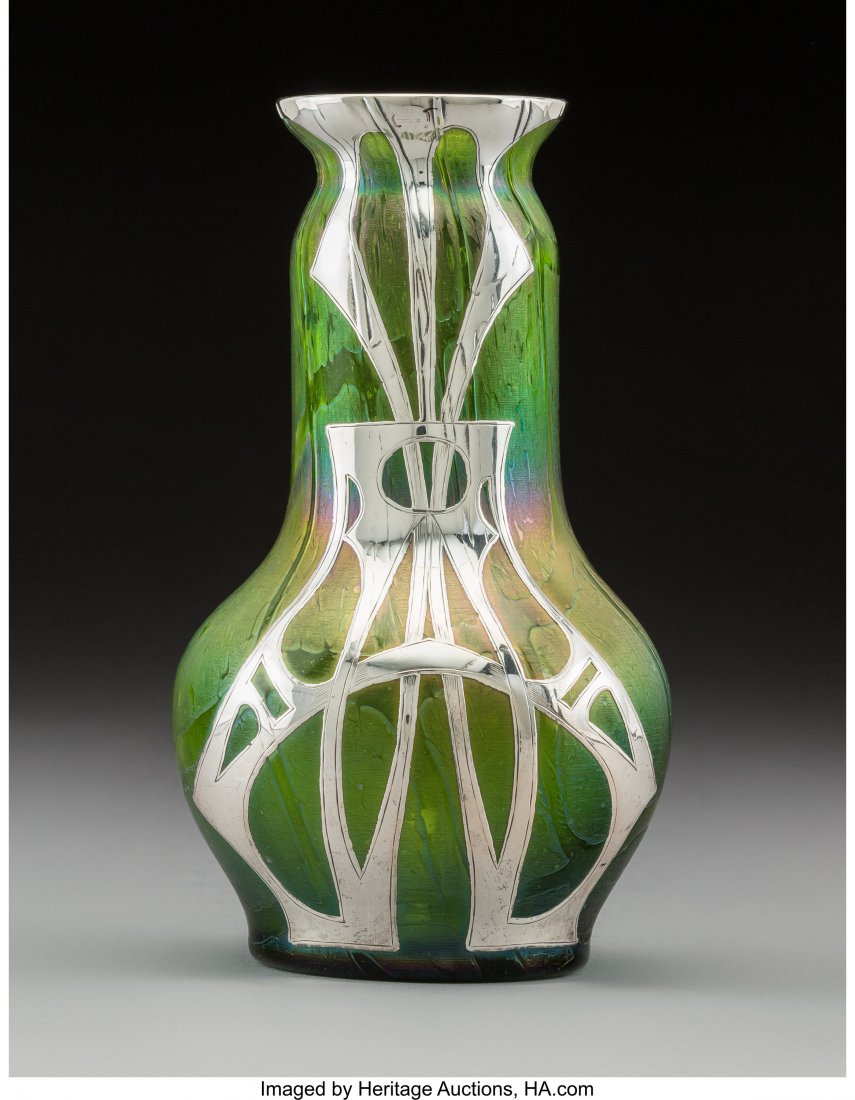 Loetz Crete Pampas Silver Overlay Glass Vase, ci: Loetz Crete Pampas Silver Overlay Glass Vase, circa 1900 Marks: STERLING 7 inches (17.8 cm) HID03101242017