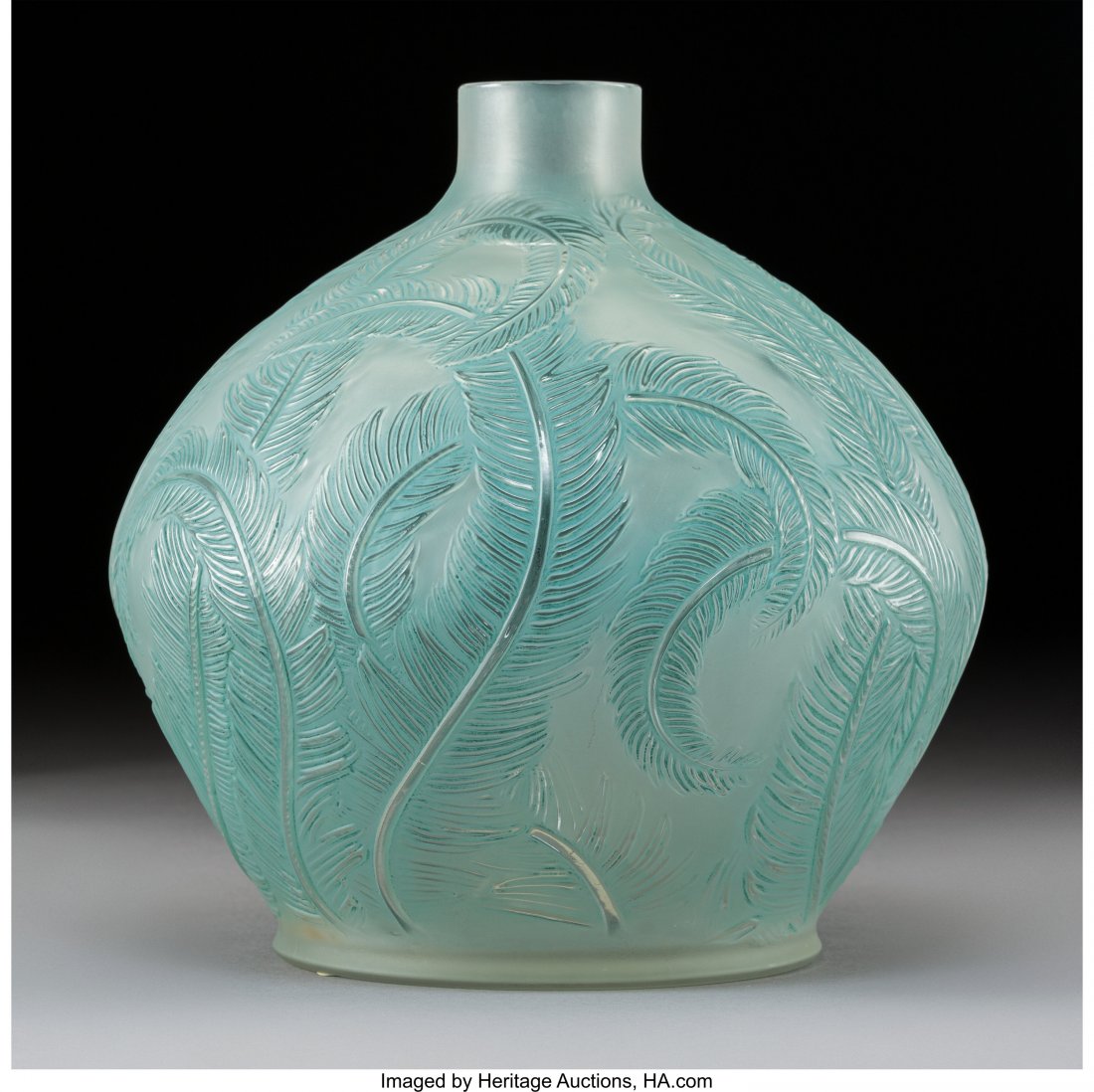 R. Lalique Plumes Frosted Glass Vase with Green: R. Lalique Plumes Frosted Glass Vase with Green Patina, circa 1920 Marks: R LALIQUE 8-1/4 inches (21 cm). M. p. 427, No. 944. HID03101242017
