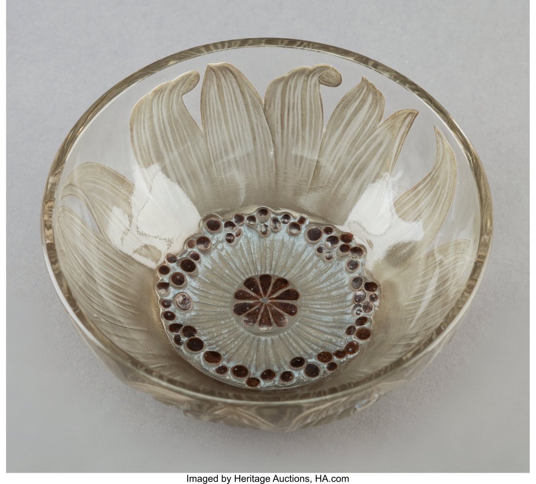 R. Lalique Fleur Clear Glass Bowl with Brown Ena: R. Lalique Fleur Clear Glass Bowl with Brown Enamel and Gray Patina, circa 1912 Marks: R. LALIQUE 4-3/4 inches (12 cm). M. p. 727, no. 3100. PROPERTY FROM THE ESTATE OF JANET ZIFFER HID03101242017