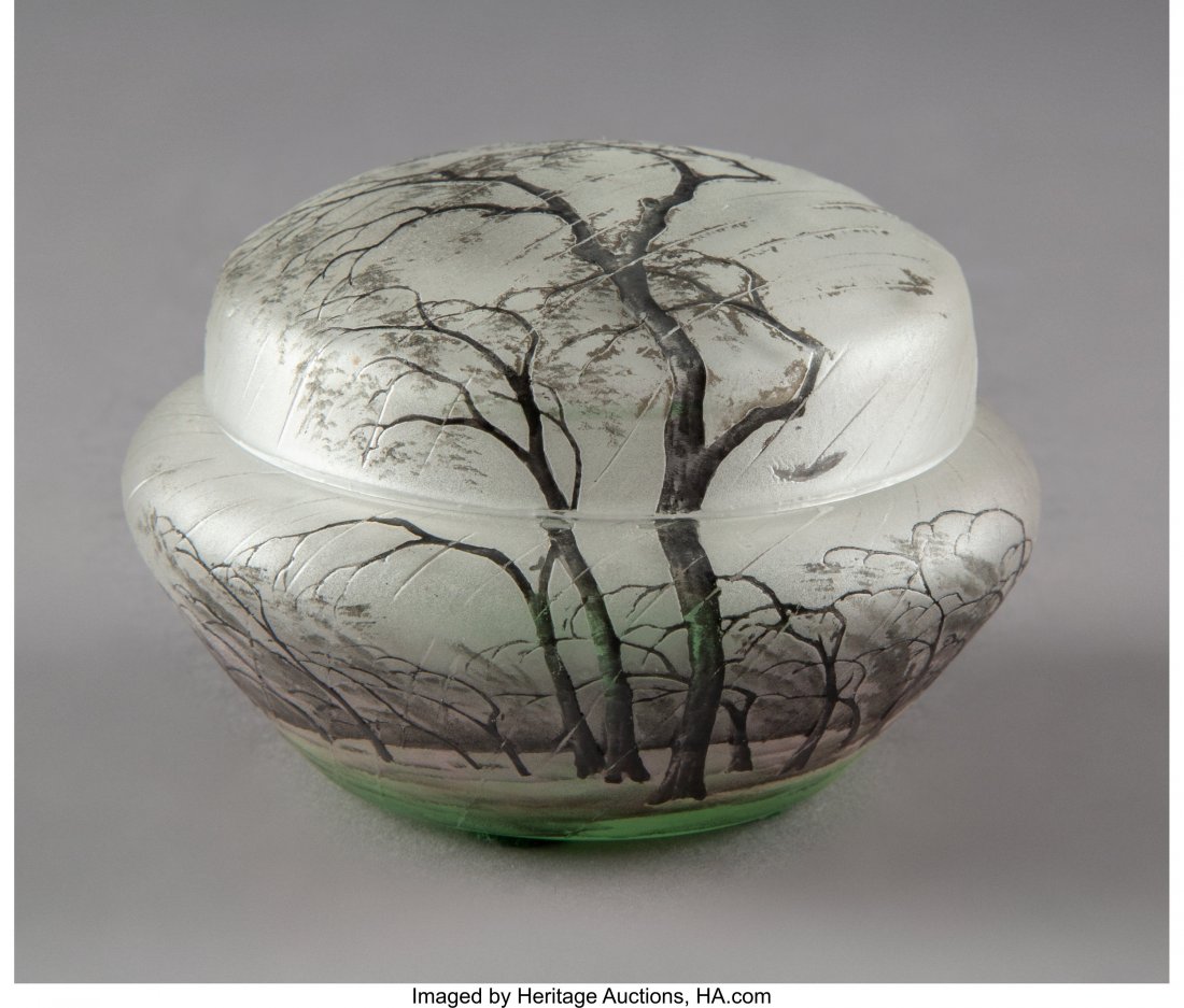 Daum Etched and Enameled Glass Rain Box and Cove: Daum Etched and Enameled Glass Rain Box and Cover, circa 1910 Marks: DAUM, NANCY, (cross of Lorraine) 2-1/4 inches (5.7 cm) HID03101242017