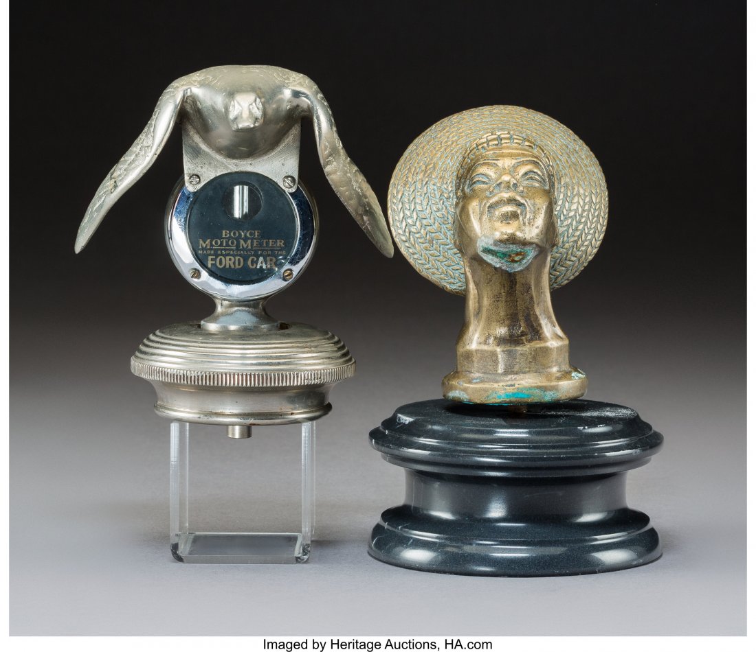 Two Bronze Automobile Mascots, circa 1920 Marks:: Two Bronze Automobile Mascots, circa 1920 Marks: (various) 4-1/4 inches (10.8 cm) (tallest, Nobosudru) The lot comprising: 1 François Bazin Nobosudru mascot for Citroën with marble base; 1