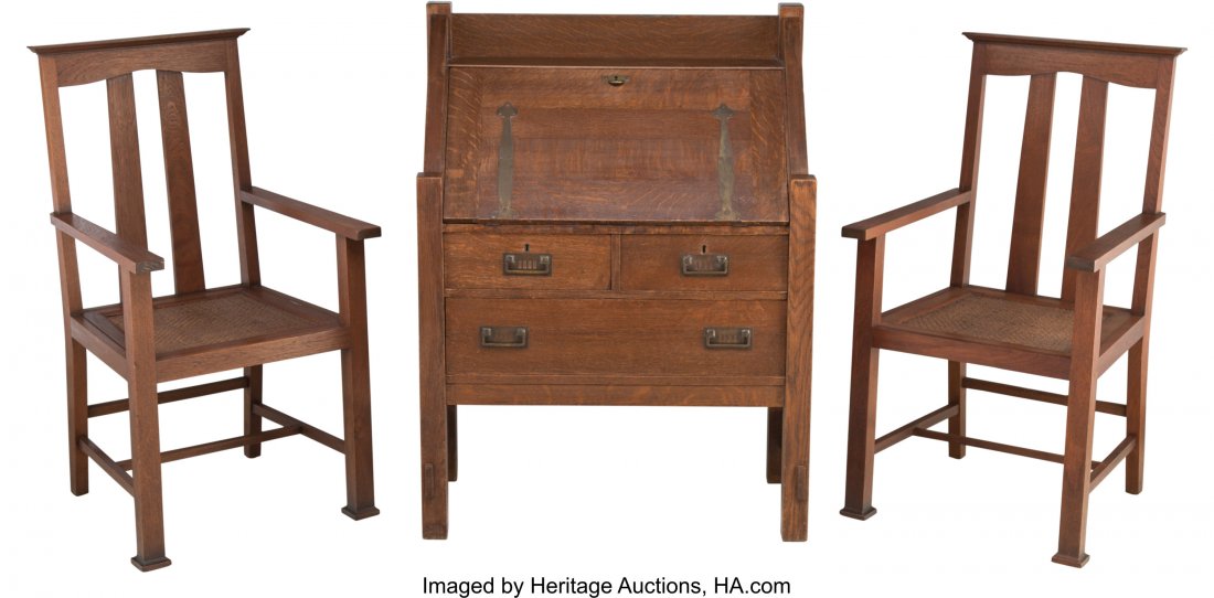 Three-Piece Group of Arts and Crafts Furniture, : Three-Piece Group of Arts and Crafts Furniture, early 20th century 45 x 34 x 17 inches (114.3 x 86.4 x 43.2 cm) (desk) The lot comprising: 1 American Mission Oak Desk; 2 English Walnut Side Chairs (pr