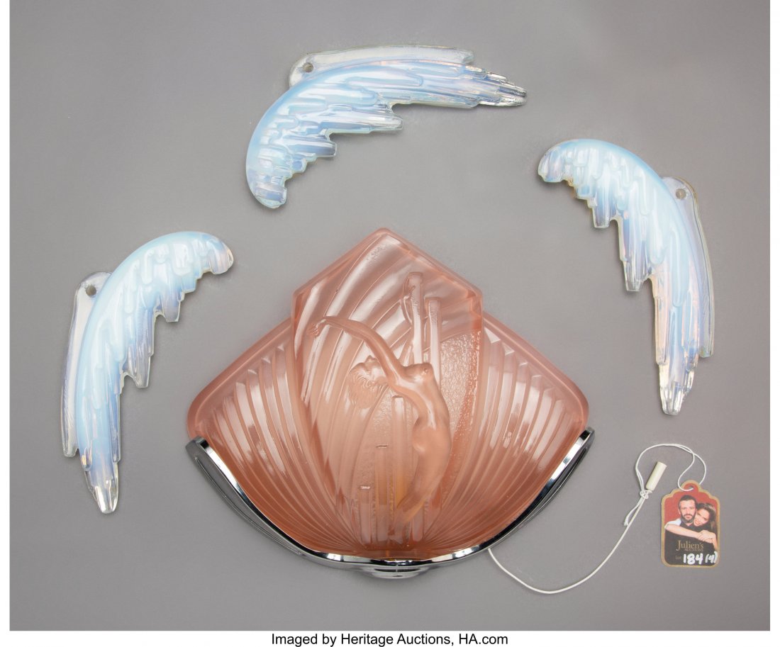 Nesdam Art Deco Figural Pink Glass Sconce and Th: Nesdam Art Deco Figural Pink Glass Sconce and Three Figural Icicle Opalescent Glass Articles, circa 1930 Marks to sconce: Nesdam, PATENT APPLIED FOR 8-3/4 x 10-3/4 inches (22.2 x 27.3 cm) (sconce) Fle