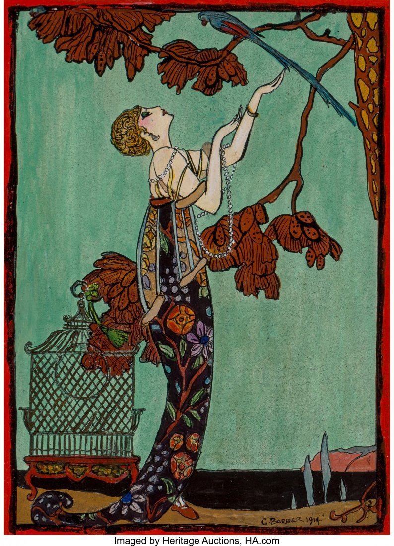 Georges Barbier (French, 1882-1932) Fashion Pain: Georges Barbier (French, 1882-1932) Fashion Painting, circa 1914 Watercolor, gouache, and metallic ink on paper 9-1/2 x 6-3/4 inches (24.1 x 17.1 cm) Signed in ink in lower right corner at edge Inscri