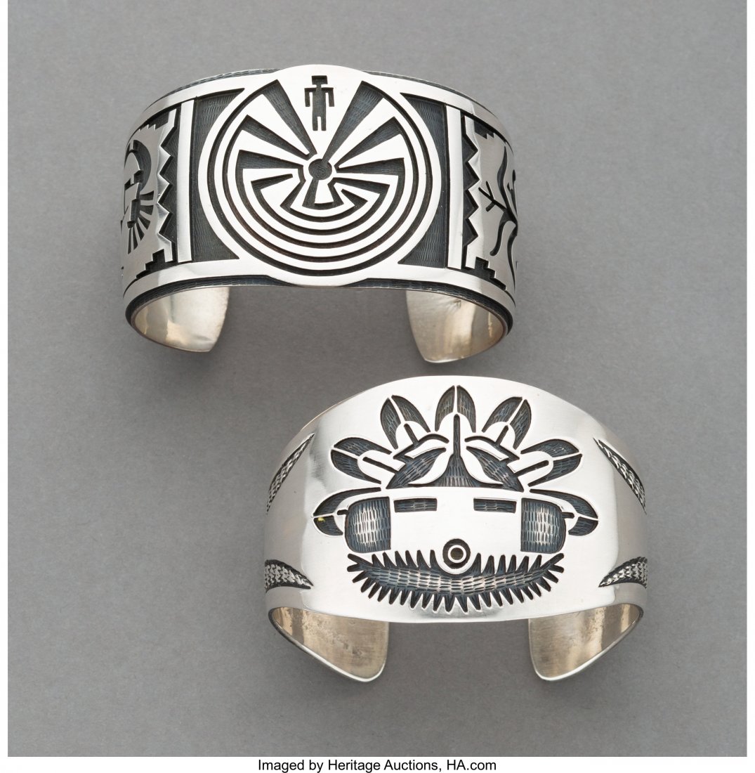 Two Hopi Cuff Bracelets one depicting a man-in-: Two Hopi Cuff Bracelets one depicting a man-in-the maze, stamped Sterling; the other, a kachina Widths: 2 &frac12; and 2 &frac34; inches HID03101242017
